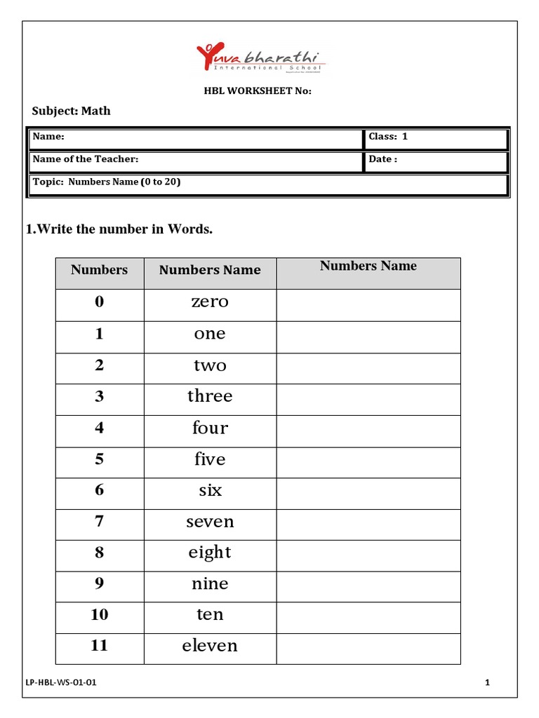 Grade 1 Number Names Worksheet | PDF
