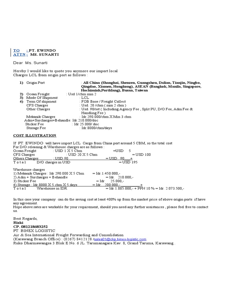 LCL Freight Quotation from China | PDF | Cargo | Supply Chain Management