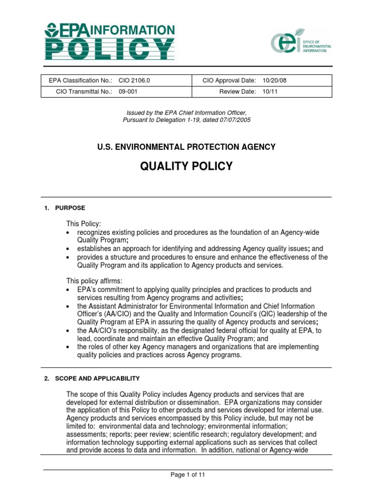 Quality Policy U.S. Environmental Protection Agency PDF United