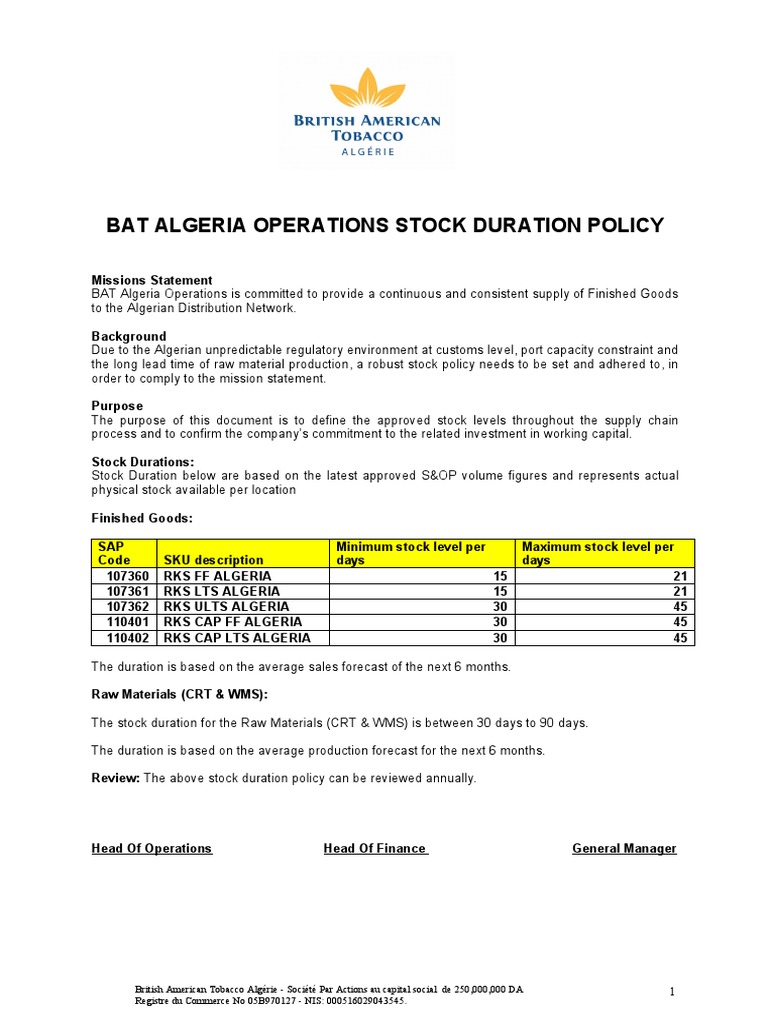 BAT Algeria Stock Duration Policy | PDF | Business | Economies
