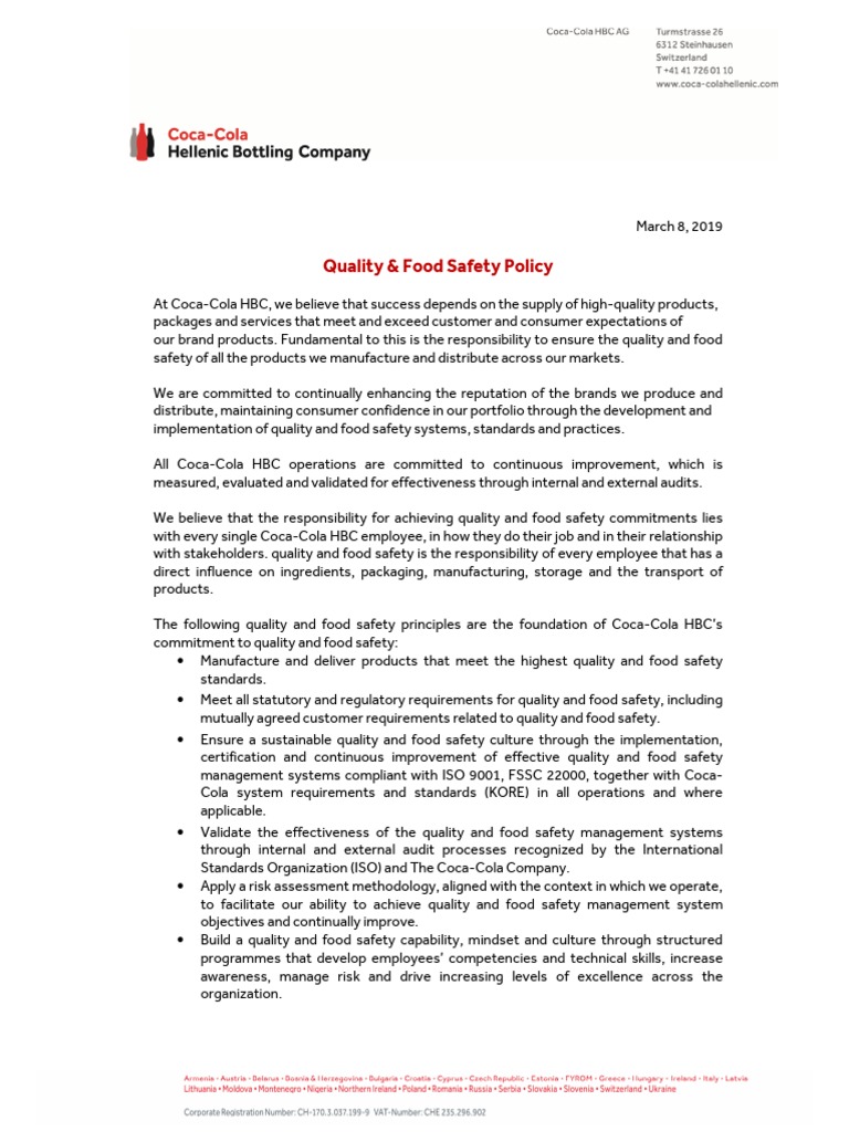 Coca-Cola HBC Quality & Food Safety Policy | PDF | Food Safety ...