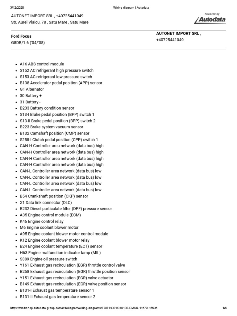 Ford Focus 1.6TDCI G8DB 80kW 2007 - Engine Management Wiring Diagram
