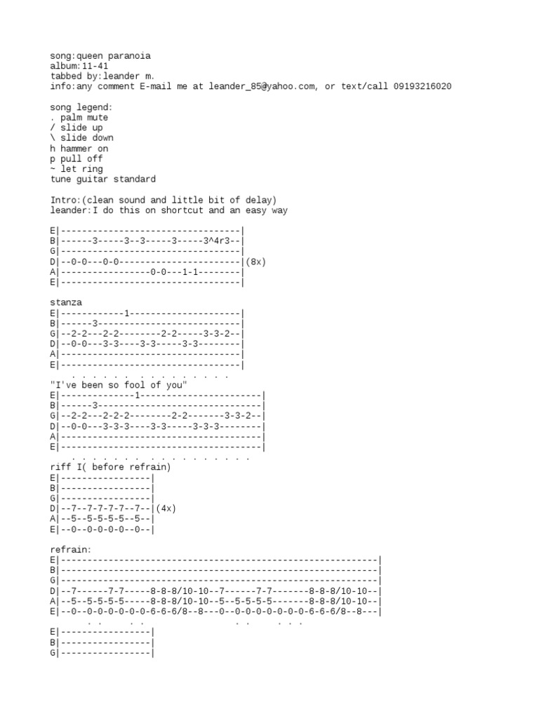 Slapshock Queen - Paranoia Tab1 | PDF | String Instruments | Sound ...