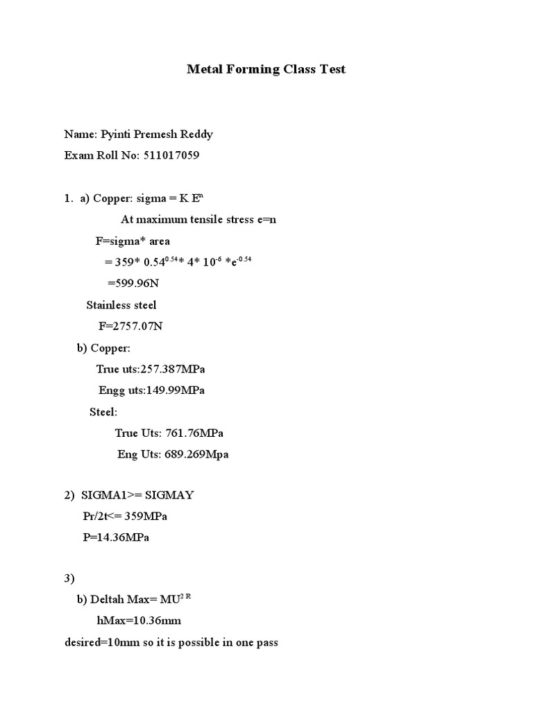 Metal Forming Class Test | PDF | Teaching Methods & Materials | Science ...