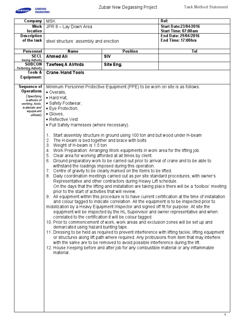 Steel Structure Assembly Method Statement | PDF | Personal Protective ...