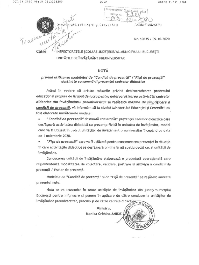 Nota MECcondica de PrezentaFisa de Prezenta PDF