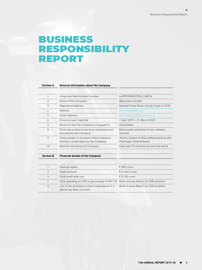 Bajaj Auto Business Responsibility Report | PDF | Corporate Social ...