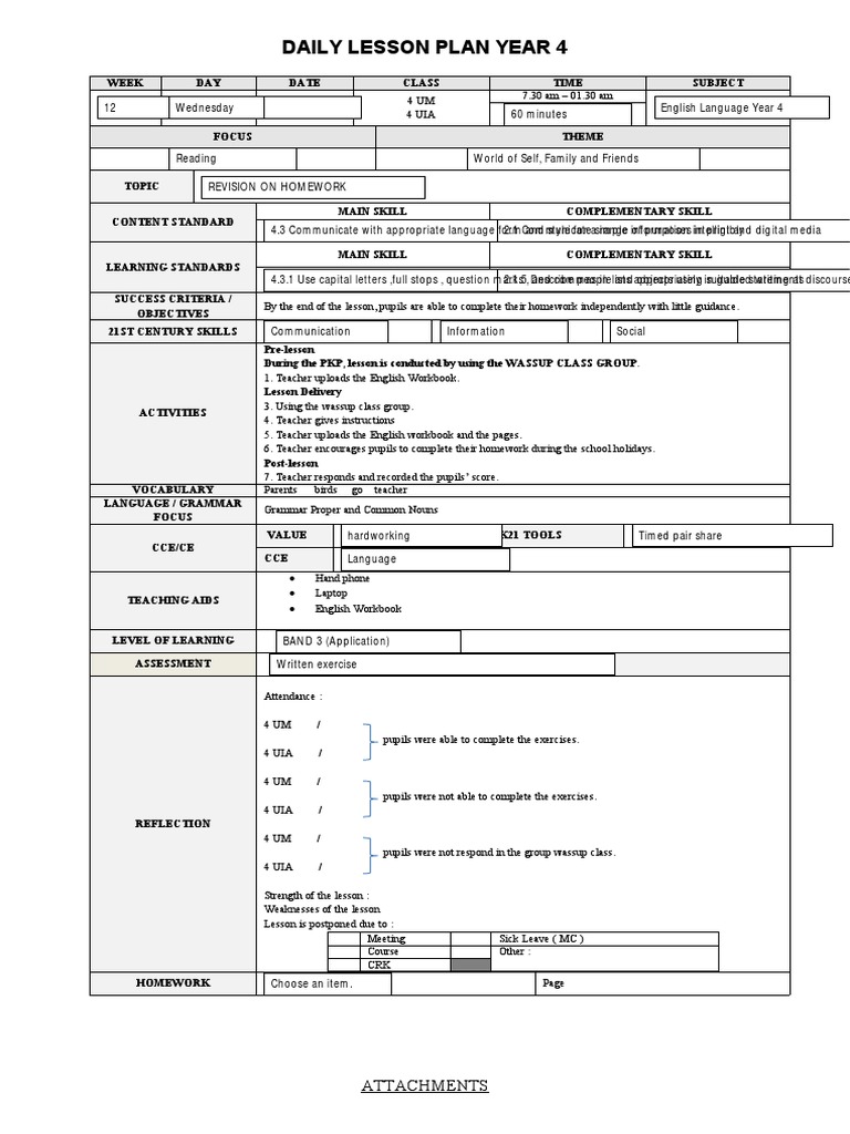 Daily Lesson Plan Year 4: Attachments | PDF | Lesson Plan | English ...