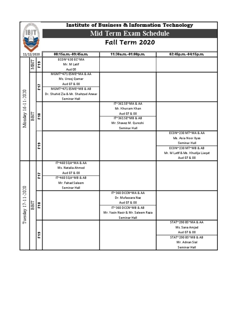 Mid Exam Datesheet Pdf Ramadan