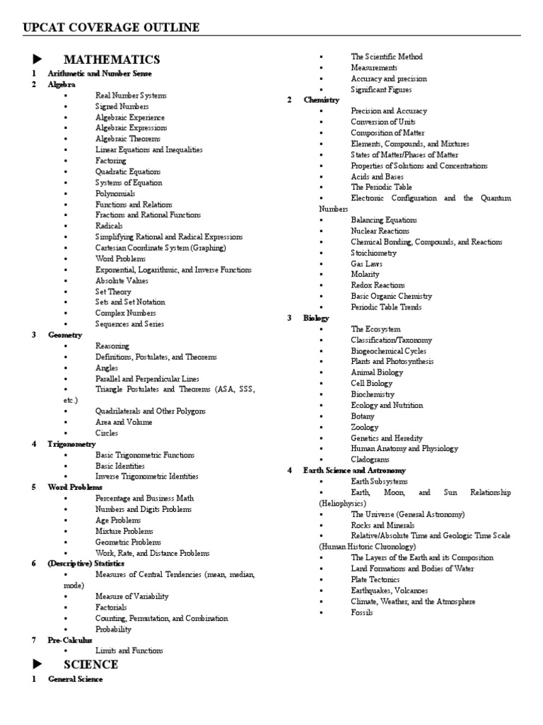 Upcat coverage outline mathematics 1 arithmetic and number sense 2