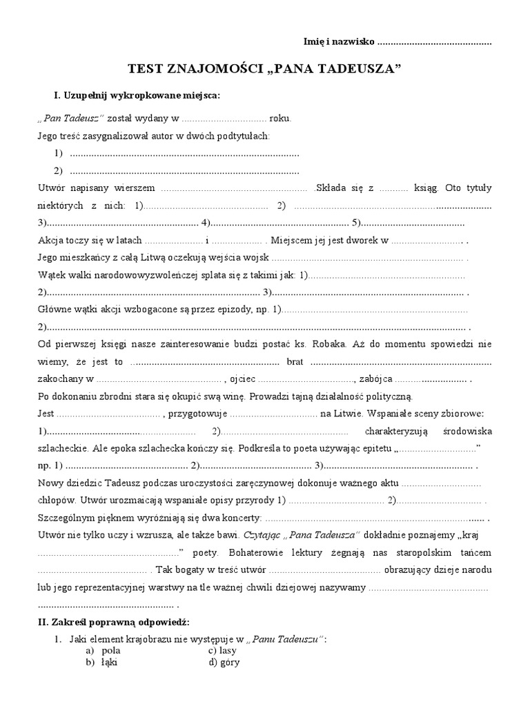 Pan Tadeusz Kartkowka Z Tresci