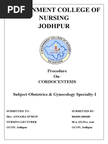 Government College of Nursing Jodhpur: Procedure On-Cordocentesis Subject-Obstetrics & Gynecology Specialty-I
