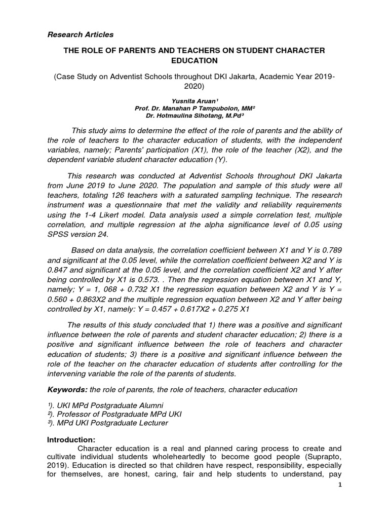 The Role of Parents and Teachers On Student Character Education | PDF ...