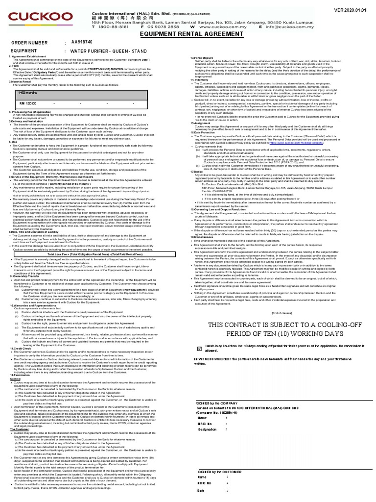 Equipment Rental Agreement This Contract Is Subject To A CoolingOff