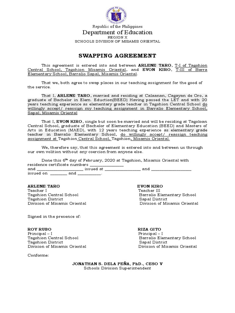 Teacher Swapping Agreement Form | PDF | Educational Stages | Learning