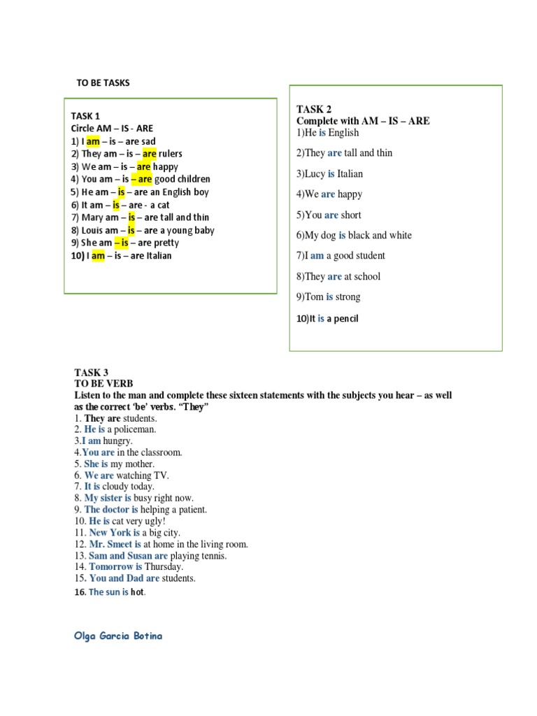 To Be Verb Exercises | PDF