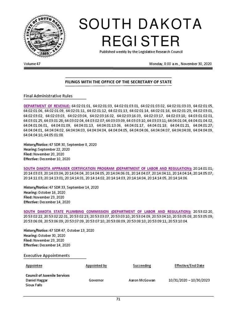 South Dakota Register Filings With The Office of The Secretary of