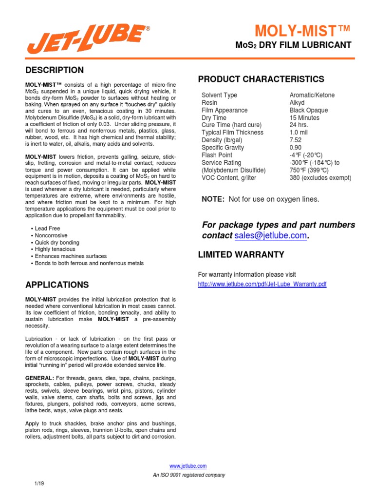 MolyMist™ Mos Dry Film Lubricant PDF Lubricant Mechanical