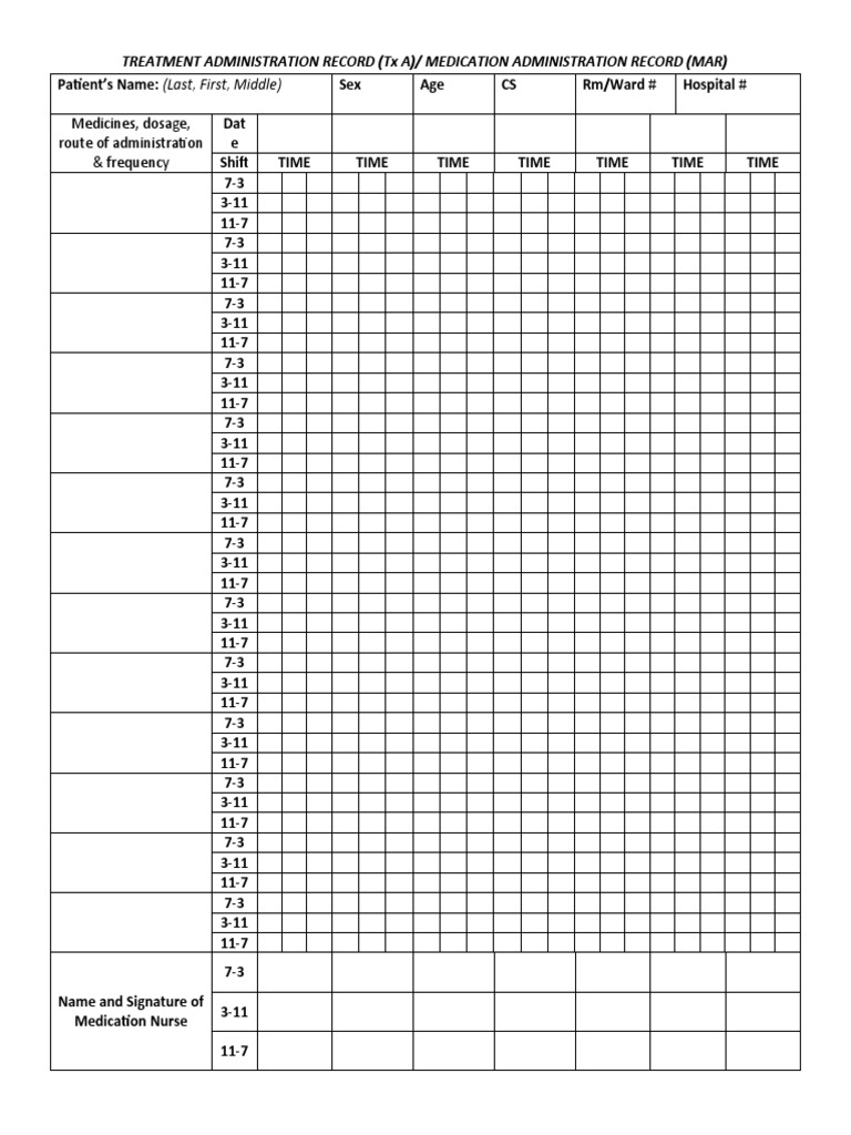 Treatment Administration Record (TX A) / Medication Administration ...