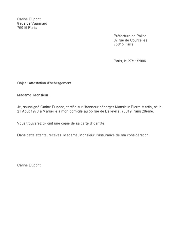 Attestation D Honneur D Hebergement Modele De Lettre Vrogue Co