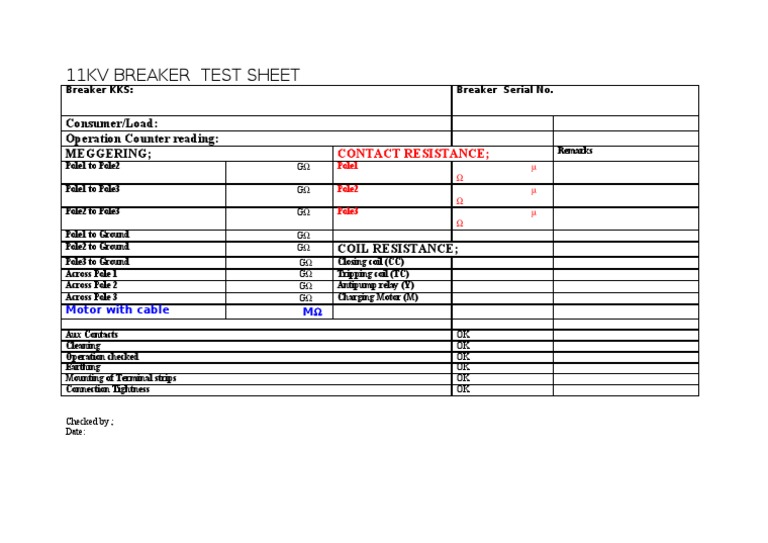 11KV Breaker Test Sheet Template | PDF