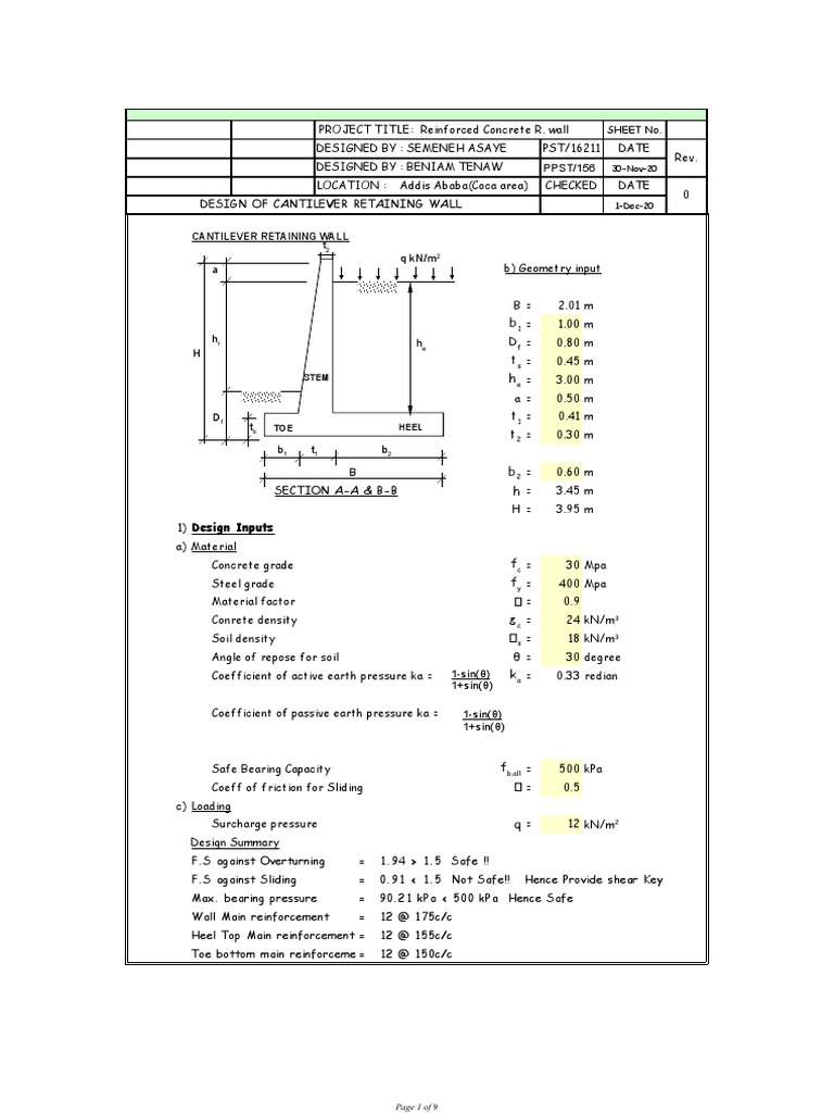 Cantilever Retaining Wall Design Excel | PDF | Economic Sectors | Civil ...