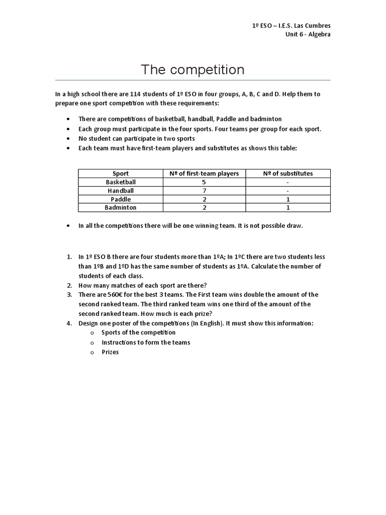 The Competition Unit 6 Algebra | PDF