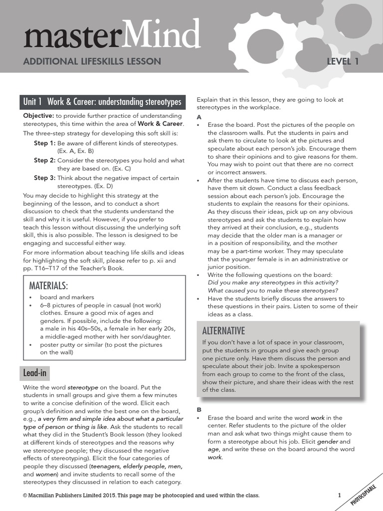 Mastermind 1 Unit 1 Extra Lifeskills Lesson 2 | PDF | Stereotypes | Reason