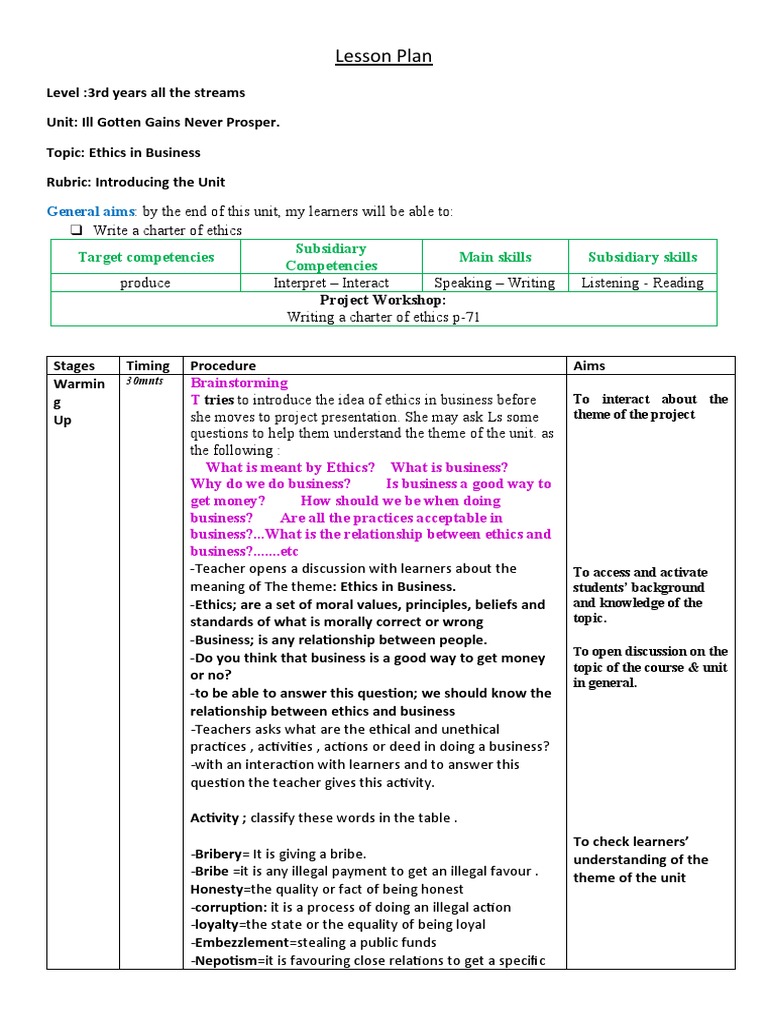 Lesson Plan: Target Competencies Subsidiary Competencies Main Skills ...