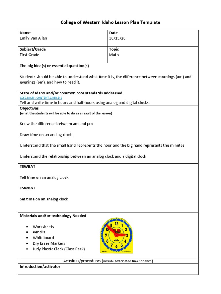 First Grade Lesson Plan: Telling Time | PDF | Educational Assessment ...