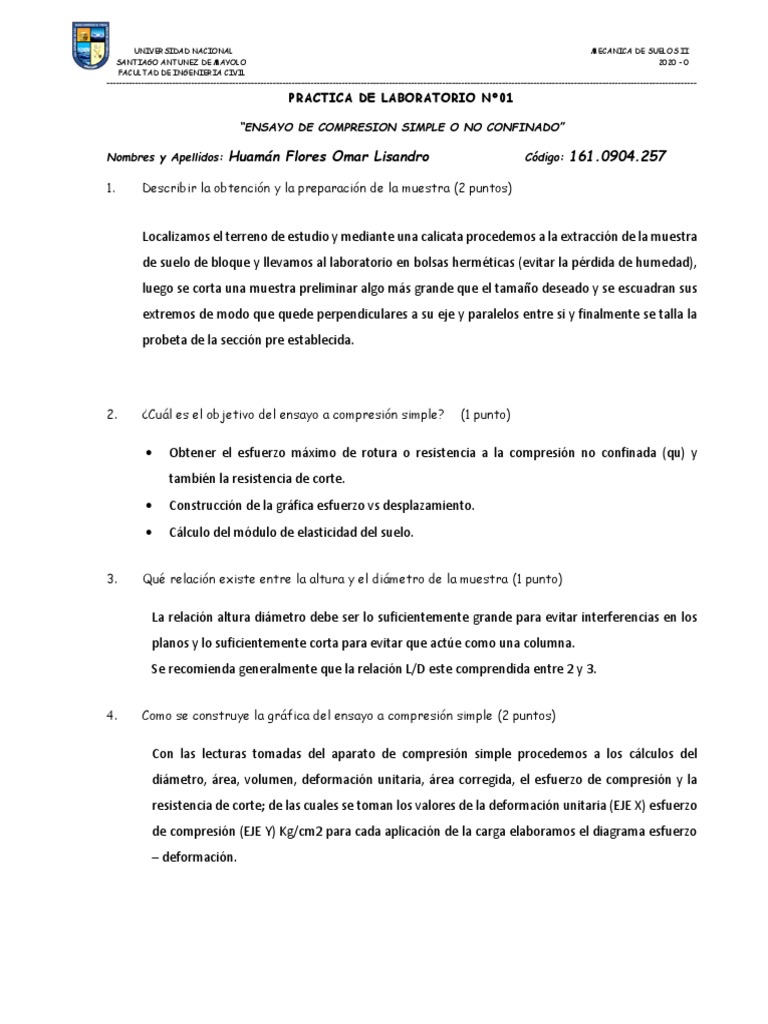 Ensayo de Compresión Simple en Suelos | PDF | Mecánica de suelos ...