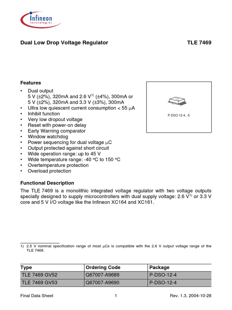 Dual Low Drop Voltage Regulator TLE 7469: Features | PDF | Capacitor ...