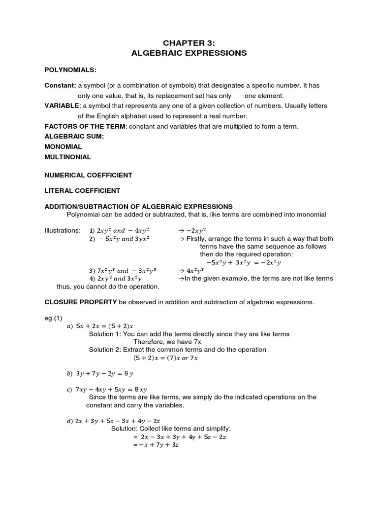 Algebraic Expressions Polynomial Elementary Mathematics