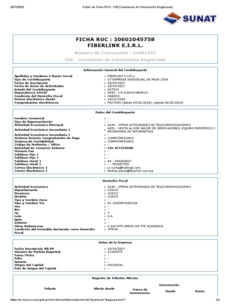 SUNAT - Menú SOL FICHA RUC PDF | PDF | Telecomunicaciones | Tecnología ...