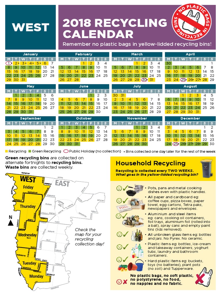 West 2018 Recycling Calendar: Remember No Plastic Bags in Yellow Lidded