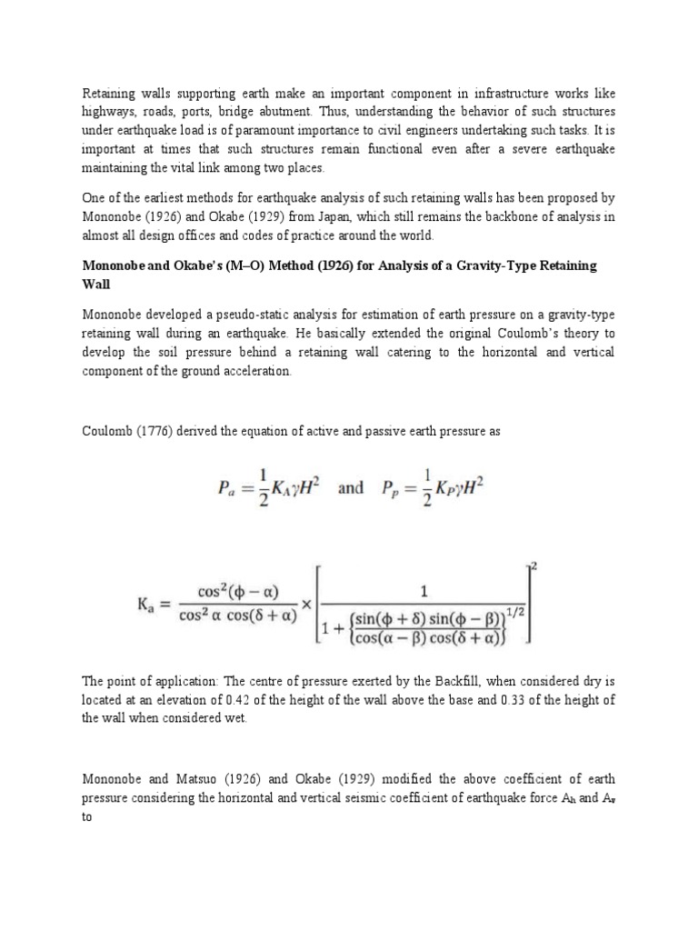 Earthquake Analysis of Retaining Walls | PDF | Friction | Pressure