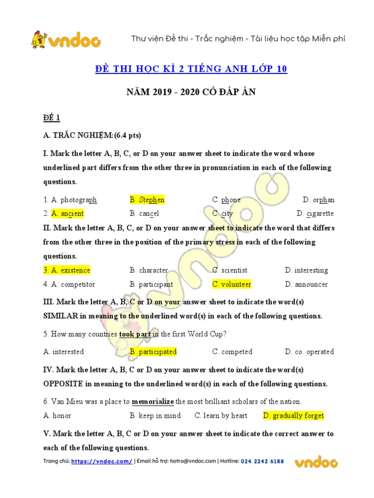 De Thi Hoc Ky 2 Mon Tieng Anh Lop 10 Co Dap An PDF | PDF | River | Resource