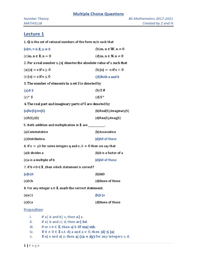 Number Theory Mcqs Prime Number Equations