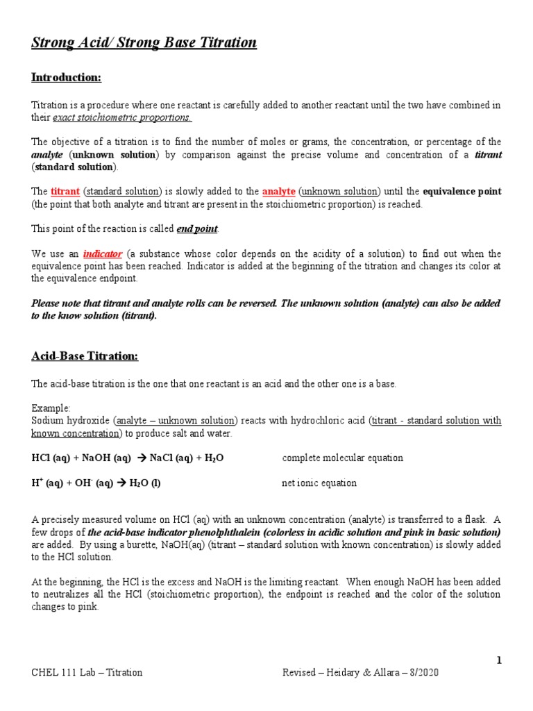 Strong Acid-Base Titration Procedure | PDF | Titration | Chemistry