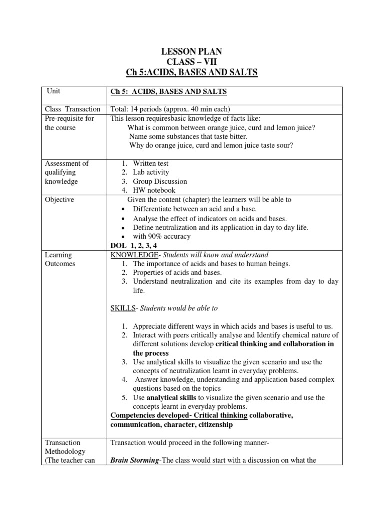 Class 7 Lesson Plan: Acids, Bases, Salts | PDF | Critical Thinking ...