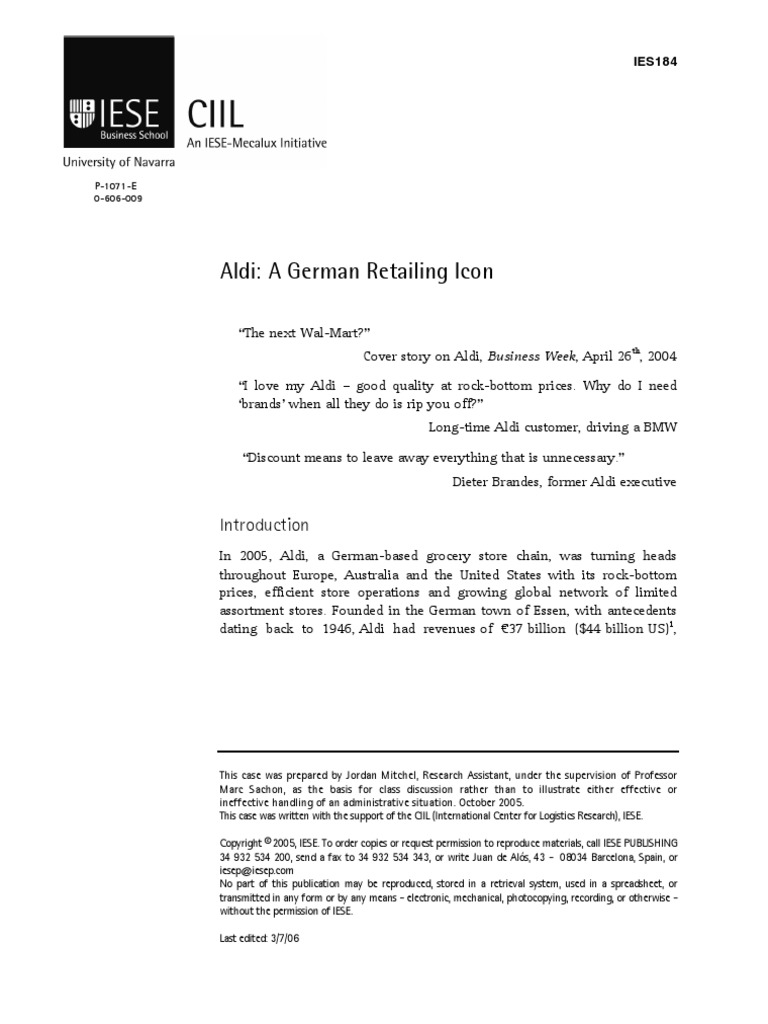 Aldi Case Study (IESE) PDF PDF Walmart Retail