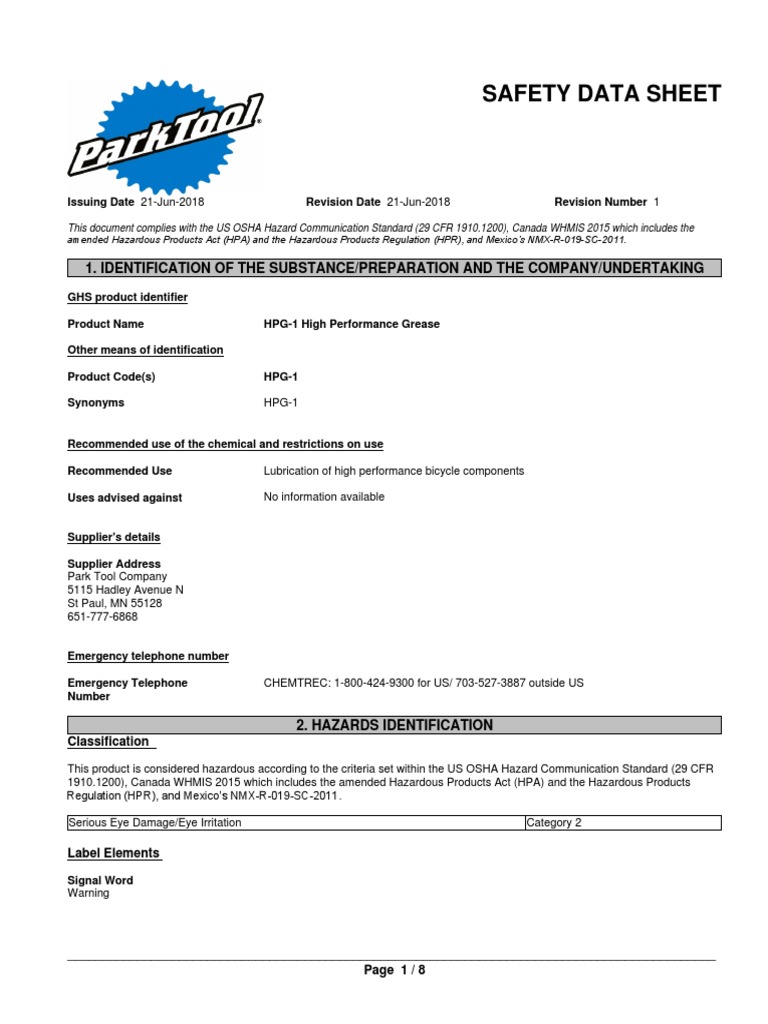 Safety Data Sheet 1. Identification of The Substance/Preparation and