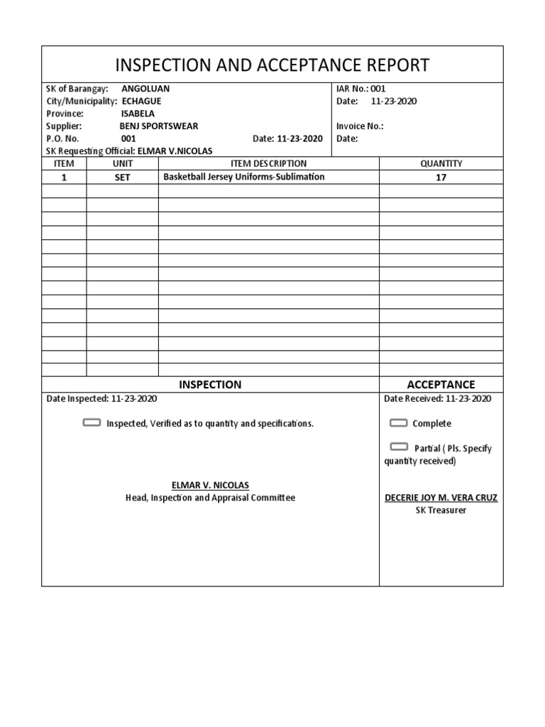 Inspection and acceptance report jersey and sk unoforms pdf