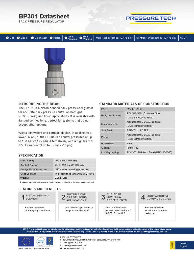 BP301 Datasheet: Back Pressure Regulator | PDF | Equipment | Gas ...