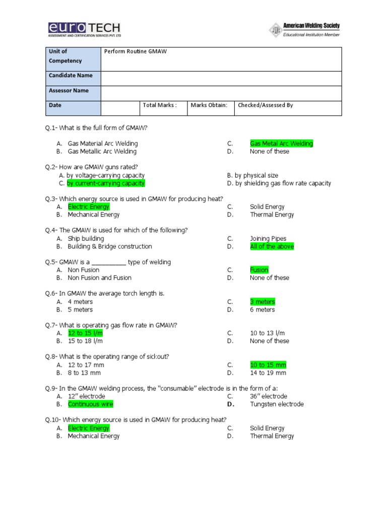 GMAW 20 MCQ With Answer PDF Welding Construction