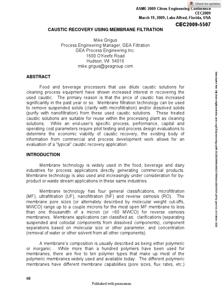 Caustic Recovery Using Membrane Filtration PDF Membrane Membrane