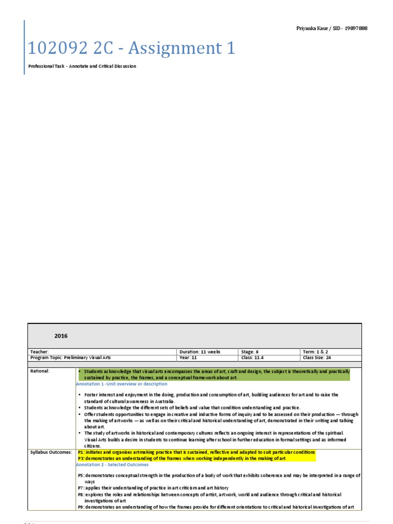 Visual Arts Assignment Overview 2016 | PDF | Educational Technology ...