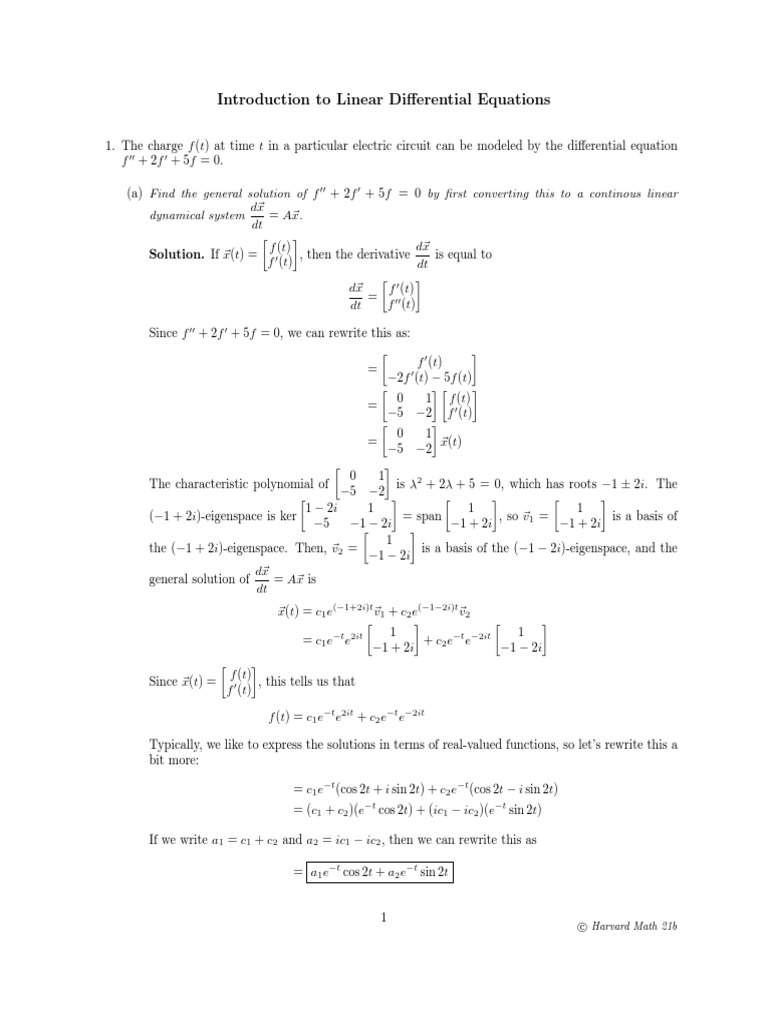 Introduction To Linear Differential Equations: C Harvard Math 21b | PDF ...