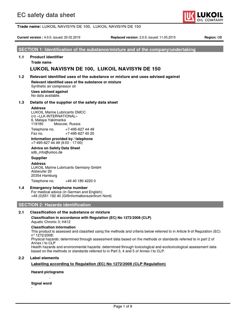 EC Safety Data Sheet: Lukoil Navisyn de 100, Lukoil Navisyn de 150 ...