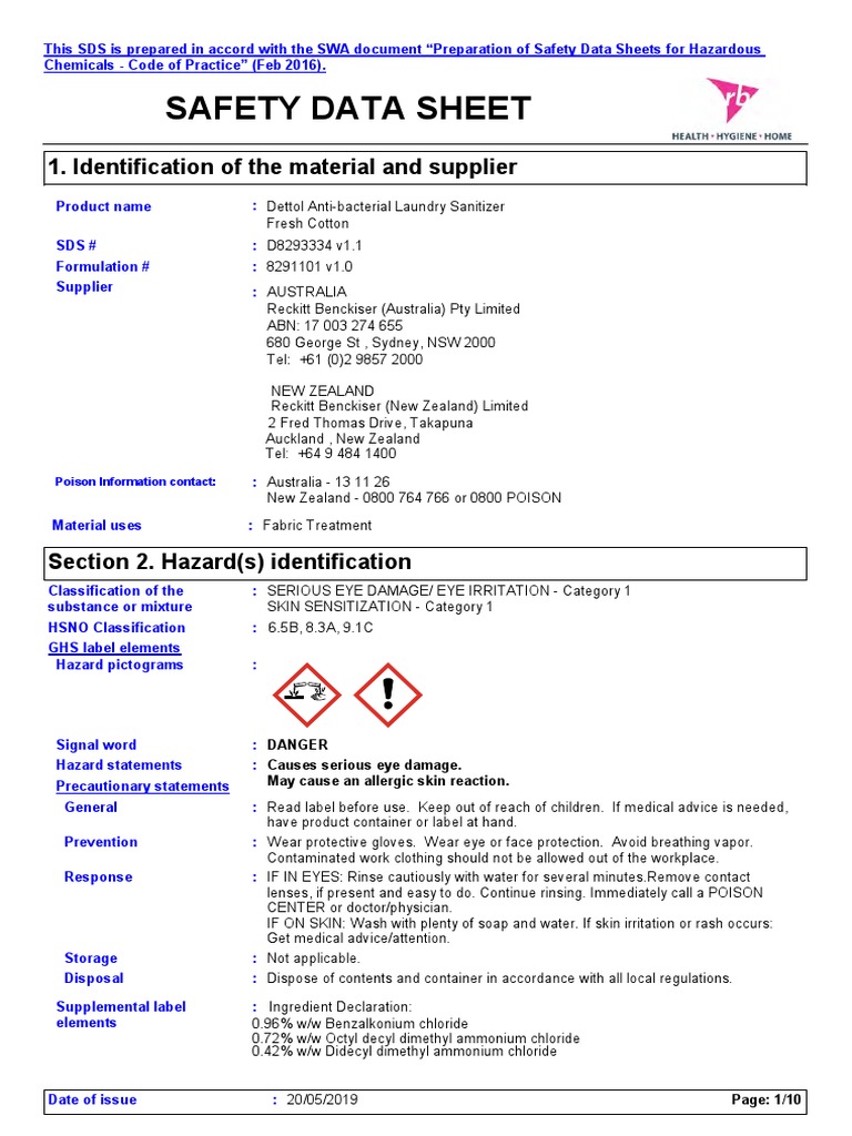 Dettol AntiBacterial Laundry Sanitizer MSDS PDF Toxicity